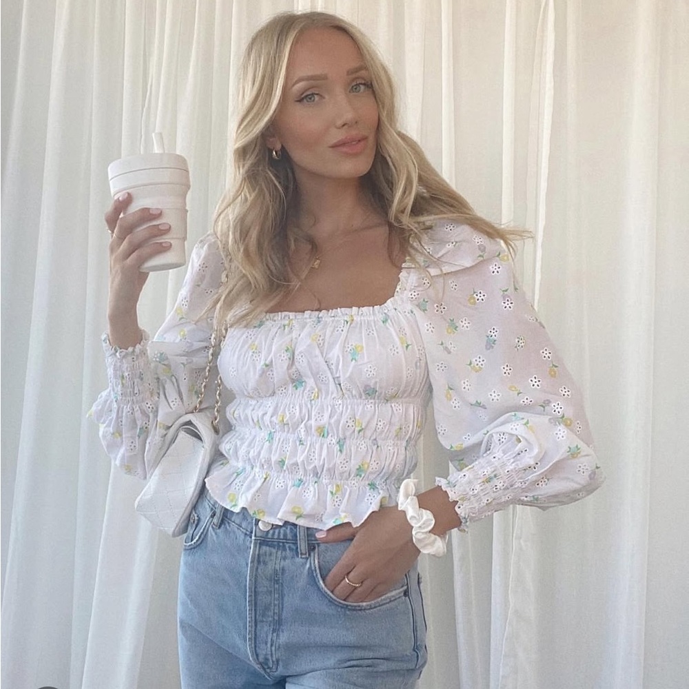 FOR LOVE & LEMONS White Floral Puff Sleeve Top